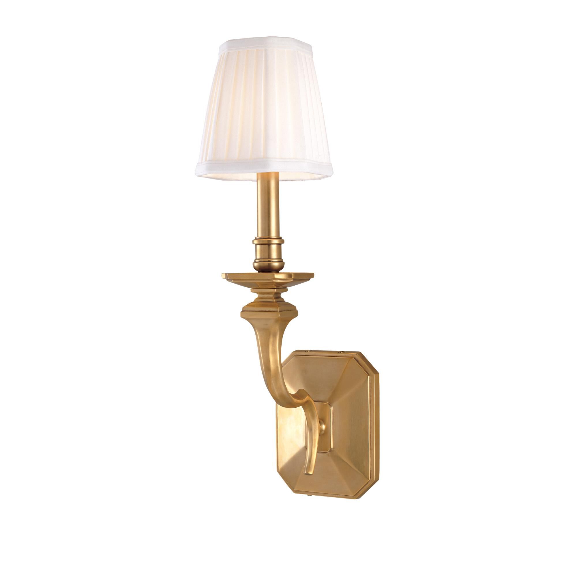 Shown in Aged Brass finish and Off White Faux Silk shade